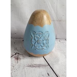Large Wooden Carved Painted Egg Boho Style Distressed 5 Inches Tall Easter